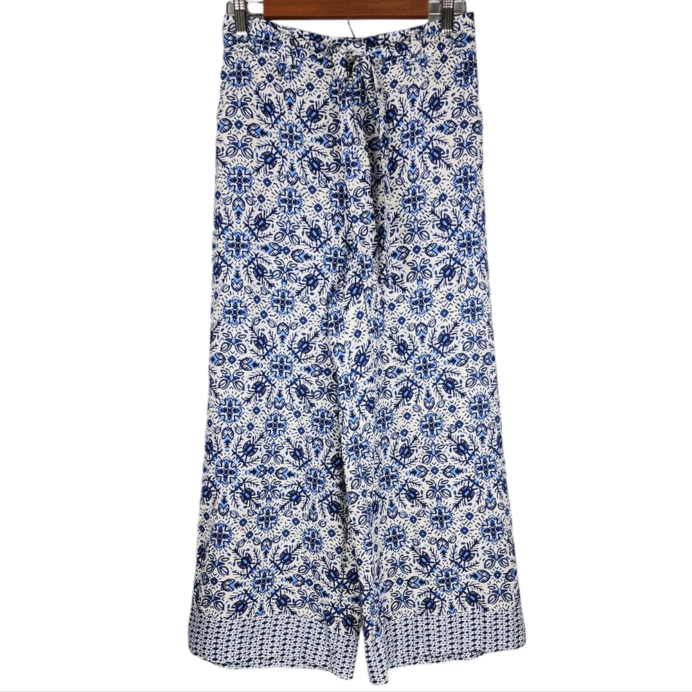 Joie Linen Blend Cropped Pants Boho Blue Print 4